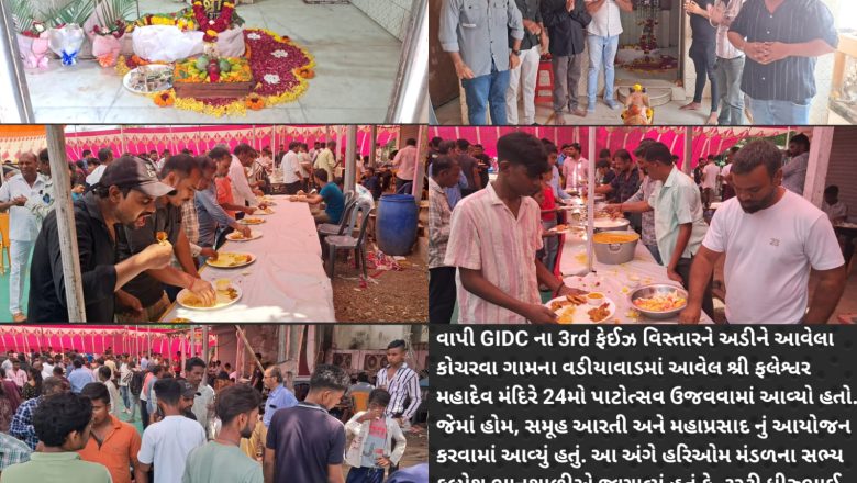 વાપી GIDC નજીક કોચરવા ગામે વડિયાવાડમાં આવેલ શ્રી ફલેશ્વર મહાદેવ મંદિરે 24માં સાર્વજનિક શિવપાર્વતી પાટોત્સવની ઉજવણી કરવામાં આવી