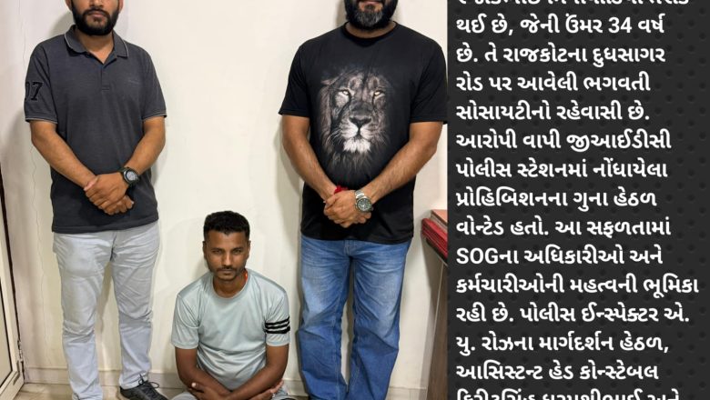 પ્રોહિબિશનના ગુનામાં છેલ્લા ત્રણ મહિનાથી વોન્ટેડ આરોપી ઝડપાયો, વલસાડ SOGએ રાજકોટમાંથી વોન્ટેડ આરોપીને ઝડપી પાડ્યો